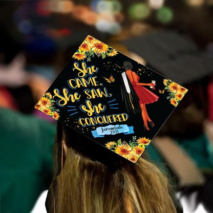 Tassel Toppers Woman Custom Graduation Cap, Graduation Cap Topper & Design - color: Black and Yellow