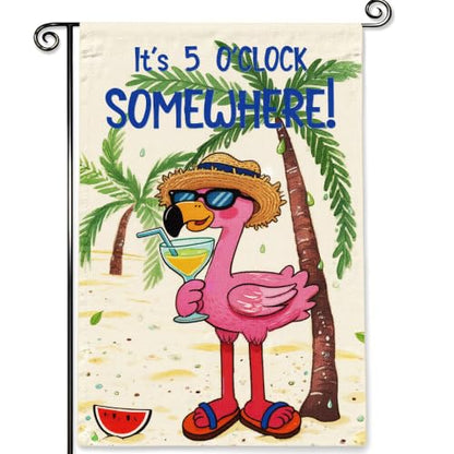 Hello Summer Garden Flag It's 5 O'Clock Somewhere Flamingo12x18in - color: Pink Summer