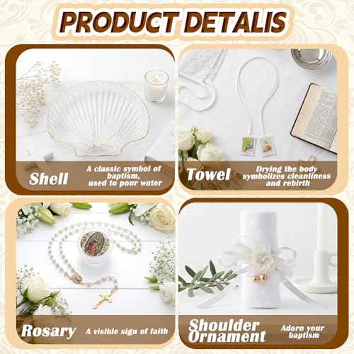 Liliful 7 Pcs Virgen De Guadalupe Baptism Candle Set, Catholic Baptism Gift Candle Towel Shell Rosary Set, Velas para Bautizo Gift for First Communion Baptismal Party Favors