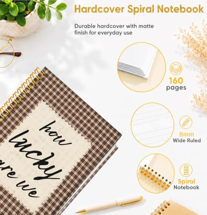 Positive Affirmation Spiral Notebook Journal for Women Girls, Trendy Retro Inspirational How Lucky are We Retro Brown Gingham Hardcover Spiral Journal 5.5x8.3 Inch - color: How Lucky Are We