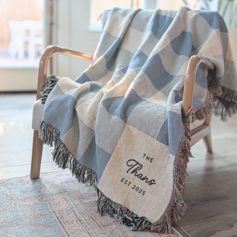 Custom Woven Throw Blanket, Modern Checkered Cotton Personalized Wedding Gift for Couple, Family Last Name Keepsake, Engagement & 2nd Anniversary Present for Newlyweds - color: A1