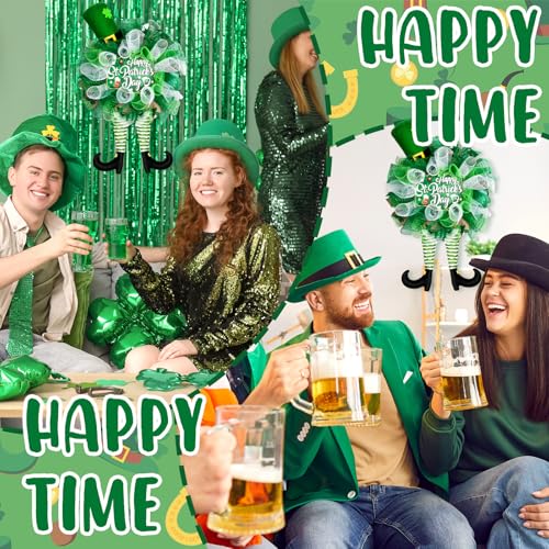 25 Inch St Patrick's Day Wreath for Front Door Green Leprechaun Mesh Wreath with Plush Shamrock Top Hat - color: St Patrick's Day-1