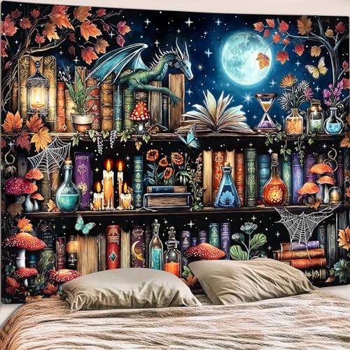 Accnicc Dragon Bookshelf Tapestry Witchy Mushroom Bookshelf Tapestries Wall Hanging Gothic Medieval Fantasy Moon Dark Academia Book Extra Large Tapestry for Bedroom Living Room Dorm 90 x 68 inch - color: Blue Red, size: 90"L x 68"W