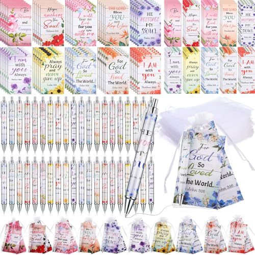 200 Pcs Christian Gift for Women Christian Accessories Include 50 Bible Verses Notebook 50 Church Bookmark 50 Ballpoint Pen Organza Bag Gift for Christmas Church Motivational (Flower) - style: Flower