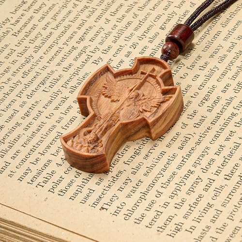 Wooden Archangel St. Michael Necklace, Carved Olive Wood, Wooden Religious Pendant Jewelry (Cross) - color: Cross