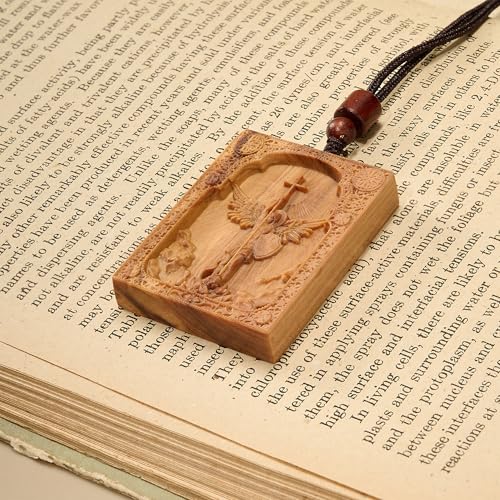 Wooden Archangel St. Michael Necklace, Carved Olive Wood, Wooden Religious Pendant Jewelry (Cross) - color: Square