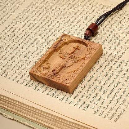 Wooden Archangel St. Michael Necklace, Carved Olive Wood, Wooden Religious Pendant Jewelry (Cross) - color: Square
