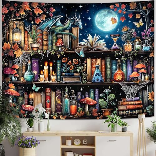 Accnicc Dragon Bookshelf Tapestry Witchy Mushroom Bookshelf Tapestries Wall Hanging Gothic Medieval Fantasy Moon Dark Academia Book Small Tapestry for Bedroom Living Room Dorm 60 x 44 inch - color: Blue Red, size: 60"L x 44"W