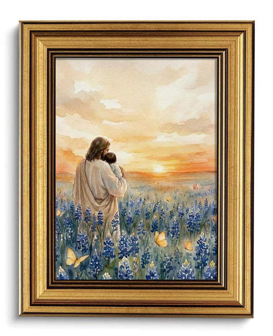 Jesus Wall Art Gold Framed Decor Holding a Baby Floral Religious Pictures - color: Gold Framed-05, size: 8x10in