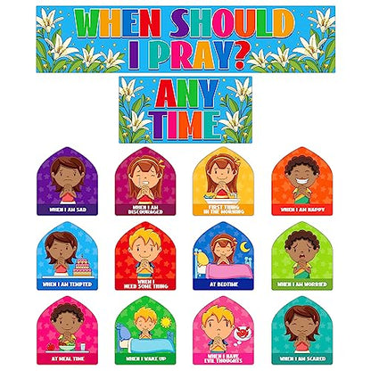 FaCraft When Should I Pray Sunday School Decorations for Classroom Religious Prayer Cutouts Posters Prayer Board Supplies Back to School Christian Bulletin Board Sets for Bible Church Wall Decor