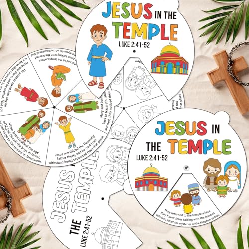 COcnny Easer Religious Coloring Craft- 24 Sets Color Your Own Christian Art Craft DIY Spining Cards for Kids, Jesus in the Temple Paper Craft Art for Sunday School Home Class Bible VBS Activities - style: Jesus in The Temple