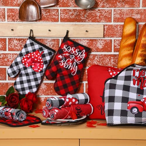 Newcotte 12 Pcs Valentine‘s Day Cooking Gift Sets for Couples Mr and Mrs Valentines Chef Apron Lovely Kitchen Towels Plaid Oven Mitt and Pot Holders Kitchen Accessories for Valentine‘s Day Gifts