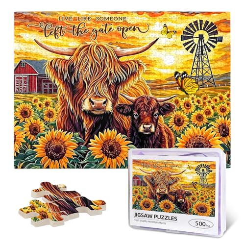 Farmhouse Highland Cow Jigsaw Puzzles for Adults 500 Pieces Rustic Sunflower Cow Painting Wooden Jigsaw Puzzle Live Like Someone Left The Gate Open Inspirational Puzzle for Family Friends Home Decor - color: Highland Cow, size: 500PCS