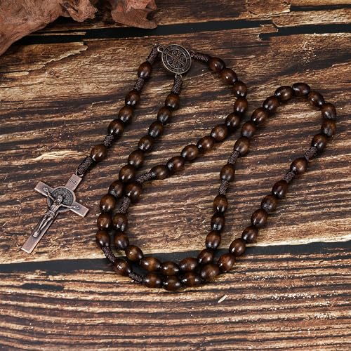 HANRESHE Wooden Beads Rosary Necklace Wooden Crosses Pendant Catholic Rosary Necklace for Men with St.Michael - color: brown