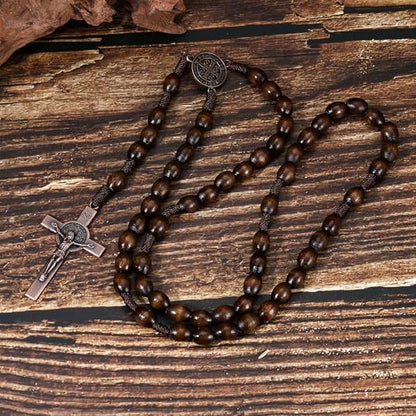 HANRESHE Wooden Beads Rosary Necklace Wooden Crosses Pendant Catholic Rosary Necklace for Men with St.Michael - color: brown