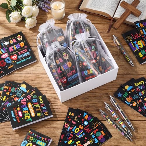 Moinchore 200 Pcs Christian Gift for Women Christian Accessories Include 50 Bible Verses Notebook 50 Church Bookmark 50 Ballpoint Pen Organza Bag Gift for Christmas Church Motivational (Bright) - style: Bright
