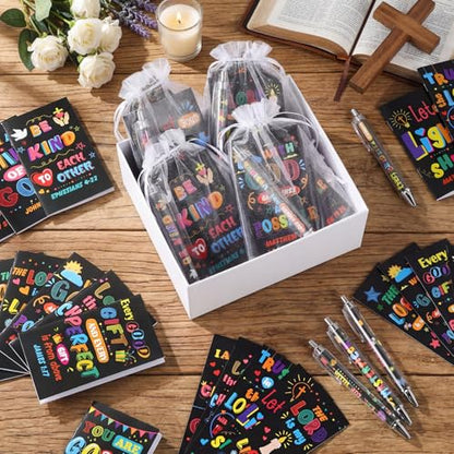 Moinchore 200 Pcs Christian Gift for Women Christian Accessories Include 50 Bible Verses Notebook 50 Church Bookmark 50 Ballpoint Pen Organza Bag Gift for Christmas Church Motivational (Bright) - style: Bright