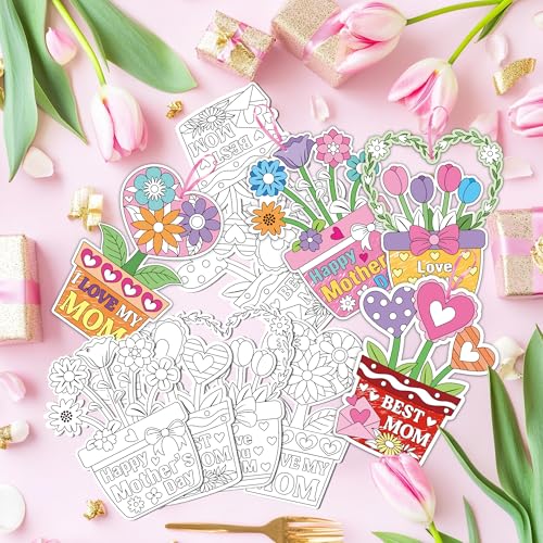 CY2SIDE Flower Pot Coloring Card Kit - 80Pcs Mother's Day Color Your Own Flower Pot Hanging Ornaments, 4 Styles Thank You Coloring Cards for Mom, Mother's Day Party Craft for Kids Classroom Activities - style: Mother Flower Pot