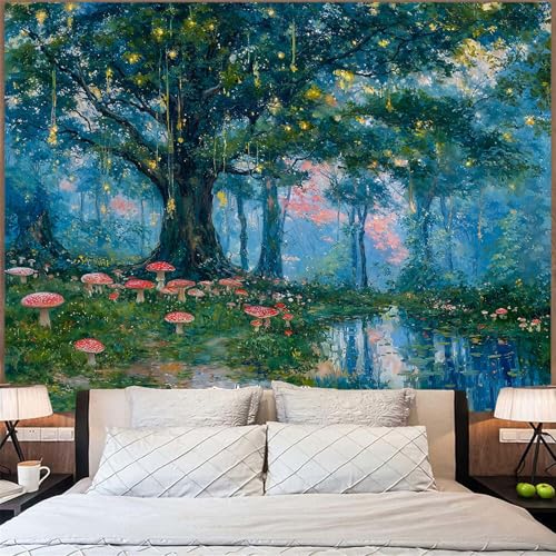 Haibimen Monet Nature Forest Tapestry Wall Hanging Green Tree Mushroom Landscape Tapestries for Bedroom Watercolor Aesthetic Wallpaper Decor for Living Room (forest-1, 60''×44'') - color: green blue, size: 60"L x 44"W