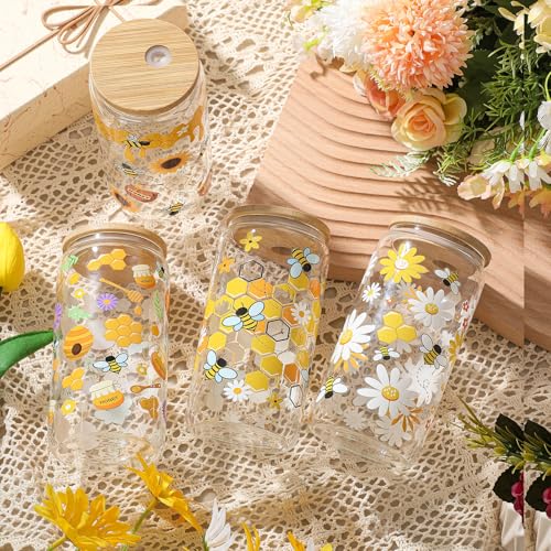 Mumufy 4 Pack Honey Bee Floral Glass Cup, 16 oz Tumbler Mug with Bamboo Lid - style: Honey Bee Floral