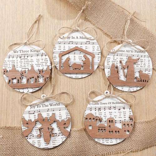 Shellwei 24 Pcs Christmas Ornament Bulk Wooden Nativity Scene Music Sheet - style: Delicate