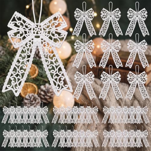 Lunmon 48 Pcs Christmas Crochet Bows Ornaments for Christmas Tree, White - style: Bows