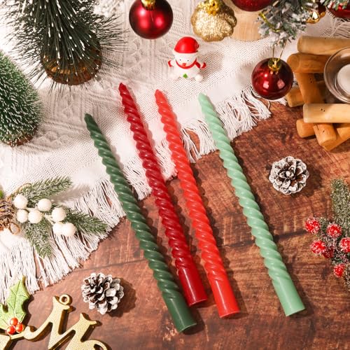 Whaline 8Pcs 10 Inch Christmas Spiral Taper Candles Red Green Dripless Twisted Wax Candles Long Unscented Candle Sticks for Xmas Home Party Supplies - color: Christmas