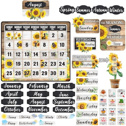 Cholemy 85 Pcs Calendar Bulletin Board Set Classroom Calendar Bulletin Board with Numbers Month Weather Classroom Decorations for Back to School Wall Chalkboard Decor Supplies(Sunflower) - style: Sunflower