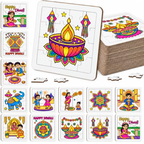 Cinrobiye 24 Pcs Diwali Coloring Puzzle Craft, Deepavali Festival of Lights DIY Activity Jigsaw Puzzle Set, Indian Festival Decorations for Classroom, Home Celebration, Cultural Events, Party Favors - color: Diwali