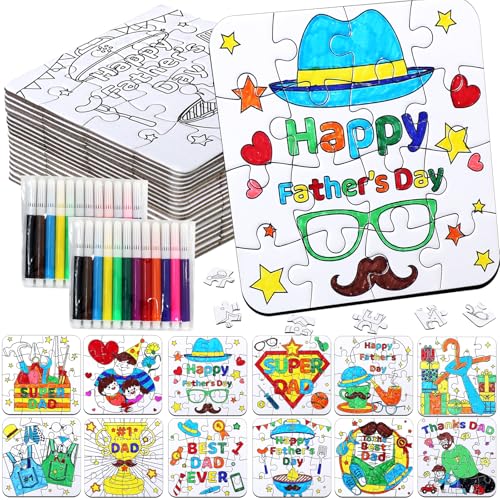 24 Set Fathers Day Crafts for Kids Toddlers Classroom Bulk, Father's Day Arts DIY Jigsaw Puzzle with Shirt Hat Tool, June Best Dad Activities for School Gifts Coloring Games Paper Toy projects - color: Father's Day Colorful