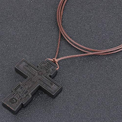 COTTVOTT Wood Orthodox Cross Pendant Necklace Christian Crucifix Necklace Prayer Jesus for Women Men - style: B-Black Color