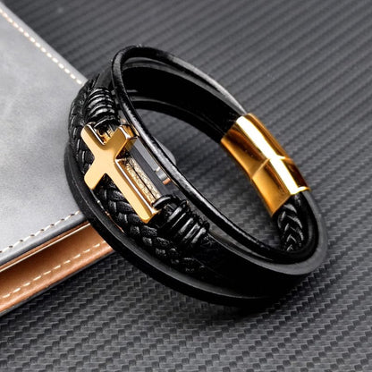 Mens Brown Leather Bracelet Multi-Layer Braided Leather Cross Bracelet Religious Confirmation Gifts - color: Black Leather Gold Cross