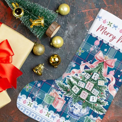 Chinoiserie Blue Plaid Christmas Mahjong Tree Stockings 16 Inch - color: Christmas17