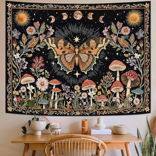 Accnicc Boho Butterfly Tapestry Mushroom Sun and Moon Hippie Wall Tapestry for Bedroom Aesthetic Vintage Floral Plant Small Tapestries Wall Hanging for Dorm Living Room Decor 60 x 44 Inch - color: Brown Black, size: 60"L x 44"W