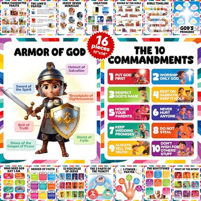 YUSPENYE 16pcs Bible Posters for Kids, 11x14in Sunday School Decor