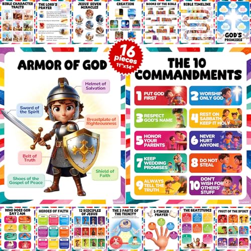 YUSPENYE 16pcs Bible Posters for Kids, 11x14in Sunday School Decor