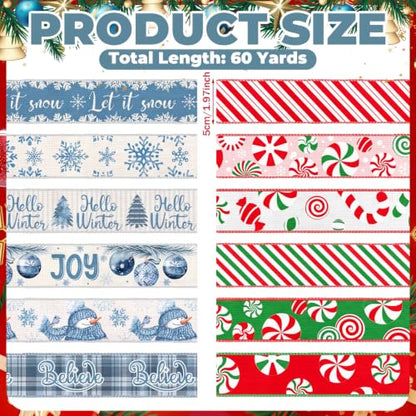 12 Rolls 60 Yards Christmas Winter Wired Ribbons for Wreath Bow - style: Christmas