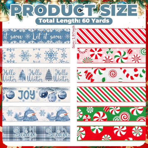 12 Rolls 60 Yards Christmas Winter Wired Ribbons for Wreath Bow - style: Christmas