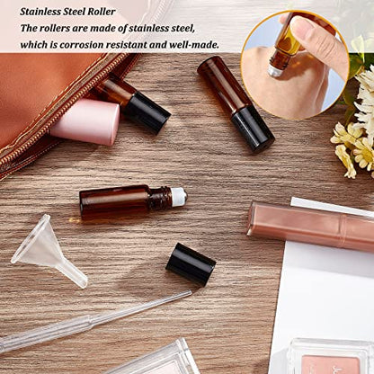 BENECREAT 30 Pack 5ml Amber Glass Essential Oils Roller Bottles with Stainless Steel Roller Balls 10Pcs 3ml Droppers, 4Pcs Funnels, 1Pc Openers for Essential Oils/Other Liquids - color: Light Brown, size: 5ml