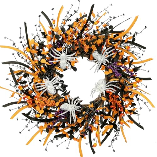Sggvecsy Halloween Wreath 23inch Artificial Spider Wreath with Handmade Black Orange Leaves Orange Purple Berries Teeth Front Door Decorations for Outdoor Home Halloween Festival Decoration - color: Black