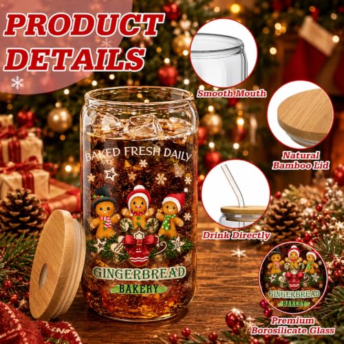 Teenyyou 12 Sets Christmas Glasses Cups with Bamboo Lid and Glass Straw, 16 oz Gingerbread Christmas Glass Jar Drinking Cups, Festive Snowman Elk Coffee Cup for Women Men Xmas Holiday Party Gifts - style: Gingerbread Man