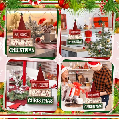 Moucuny 4 Pcs Christmas Table Decor, Wooden Red Merry Christmas Tree Signs - style: Christmas Tree
