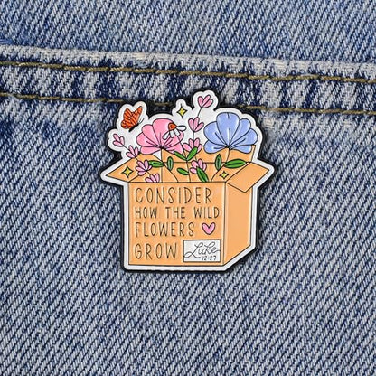 Consider How The Wild Flowers Grow Luke 12:27 Pin Brooch, Christian Faith Enamel Pin, Religious Gift For God Jesus Lover Christian Devotee Prayer, Vintage Bible Verse Brooches, Bloom With Grace Lapel Badge, Tiny Scripture Accessories