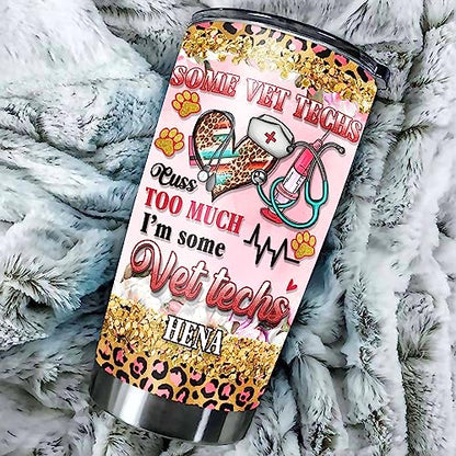 Personalized Vet Tech Tumbler With Lid Leopard Stethoscope Medical Veterinarian Travel Coffee Mug Cup Stainless Steel Gifts For Girls Women Cute Veterinary School Graduation - color: Vet