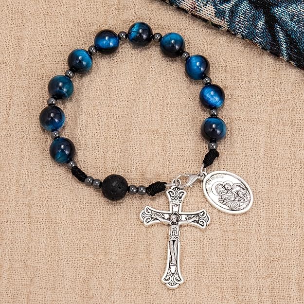 Nazareth Store Tiger Eye Beads One Decade Rosary Handmade Pocket Car Mirror with Saint Joseph Medal and Jesus Cross in Antique Silver Volcanic Stone Travel Friendly Rosary - color: Blue Tiger Eye