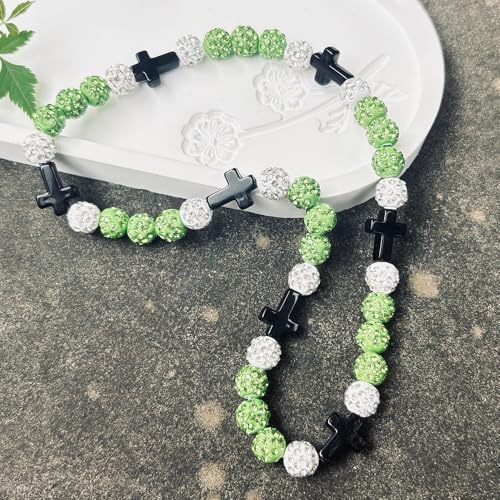 Baseball Bead Cross Necklace for Boys Kids, Elastic Rhinestone Bling Necklace Drip Gifts for Teens Players - color: Black Cross/Green/White