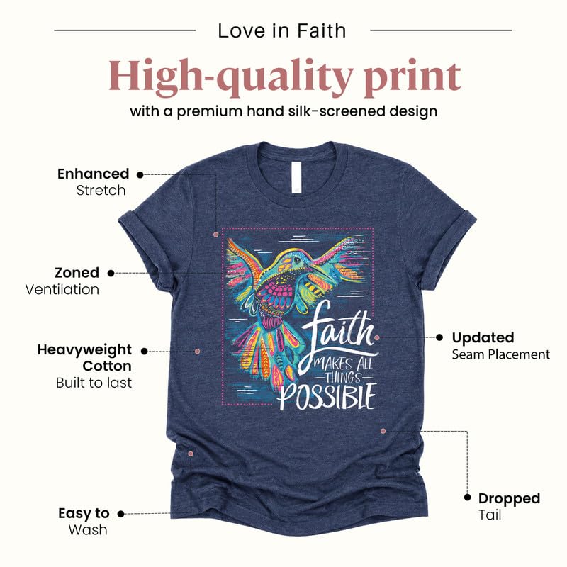 Love in Faith | Faith Hummingbird Tee | Christian Short Sleeve | Faith-Based Apparel | Heather Navy | Unisex - size: Large