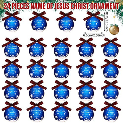 24 Pcs Names of Jesus Wooden Christmas Ornament, Blue and White, Round - color: Blue and White