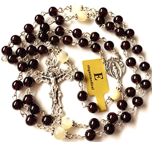 elegantmedical handmade Garnet Gemstone Beads Our Lady of GRACE 5 DECADE ROSARY Cross necklace
