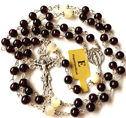 elegantmedical handmade Garnet Gemstone Beads Our Lady of GRACE 5 DECADE ROSARY Cross necklace